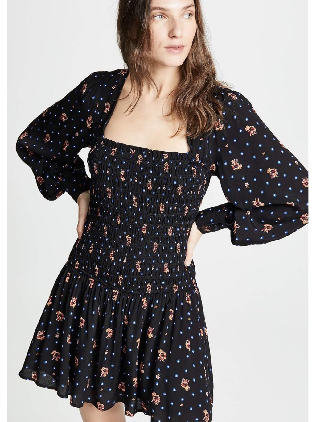 Free People Black Floral Smocked Mini Dress Puff Sleeve Milk Maid